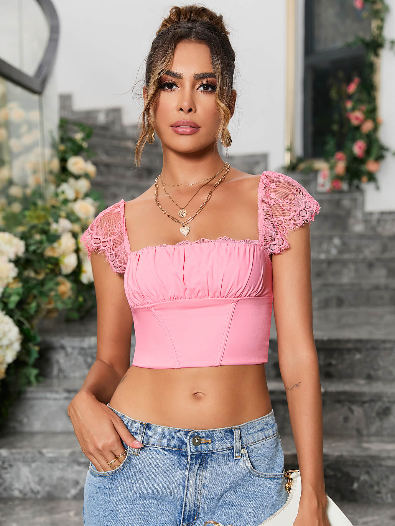 Contrast Lace Ruched Bust Square Neck Crop Top