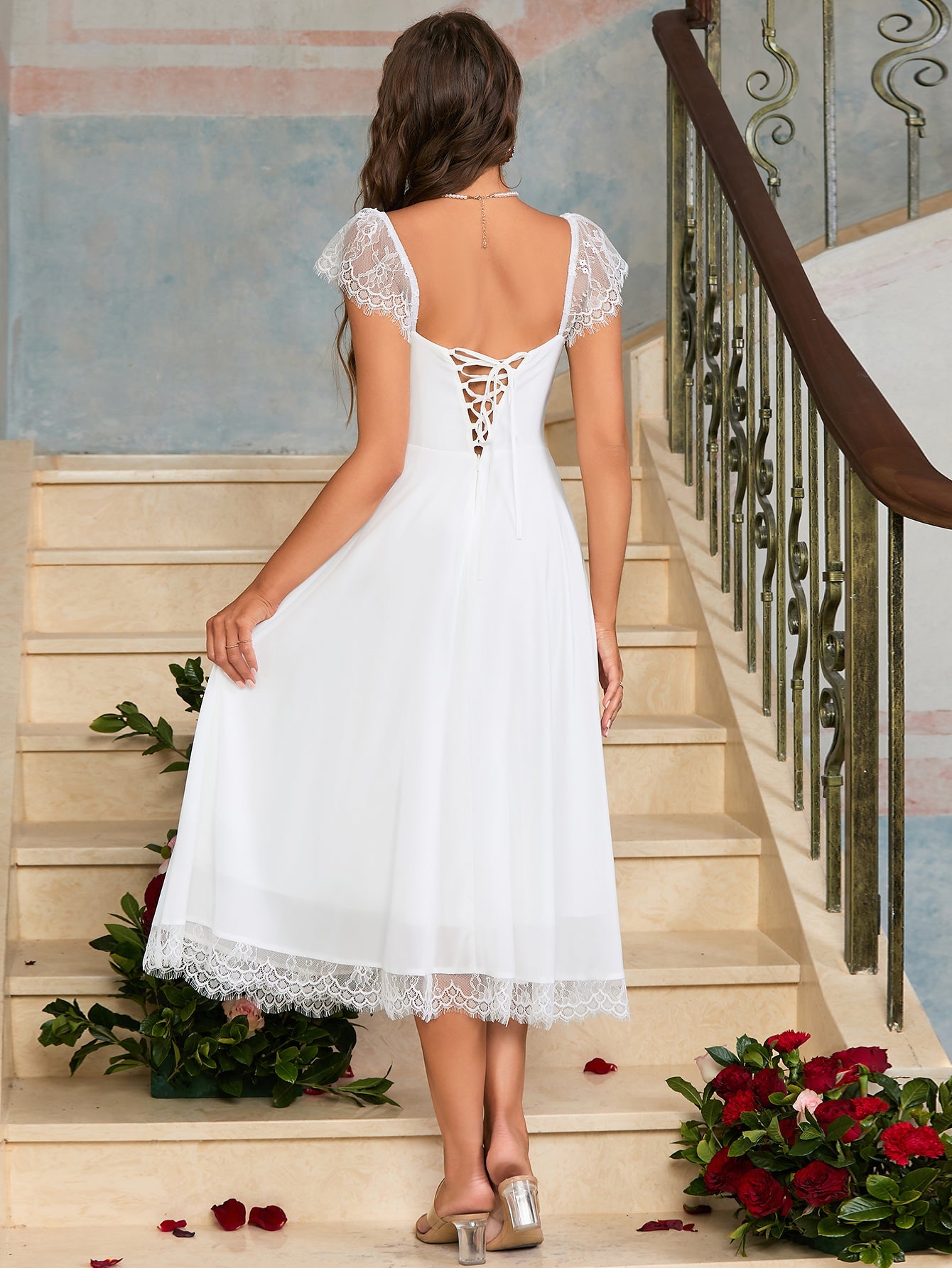 Contrast Lace Ruched Bust Square Neck Dress