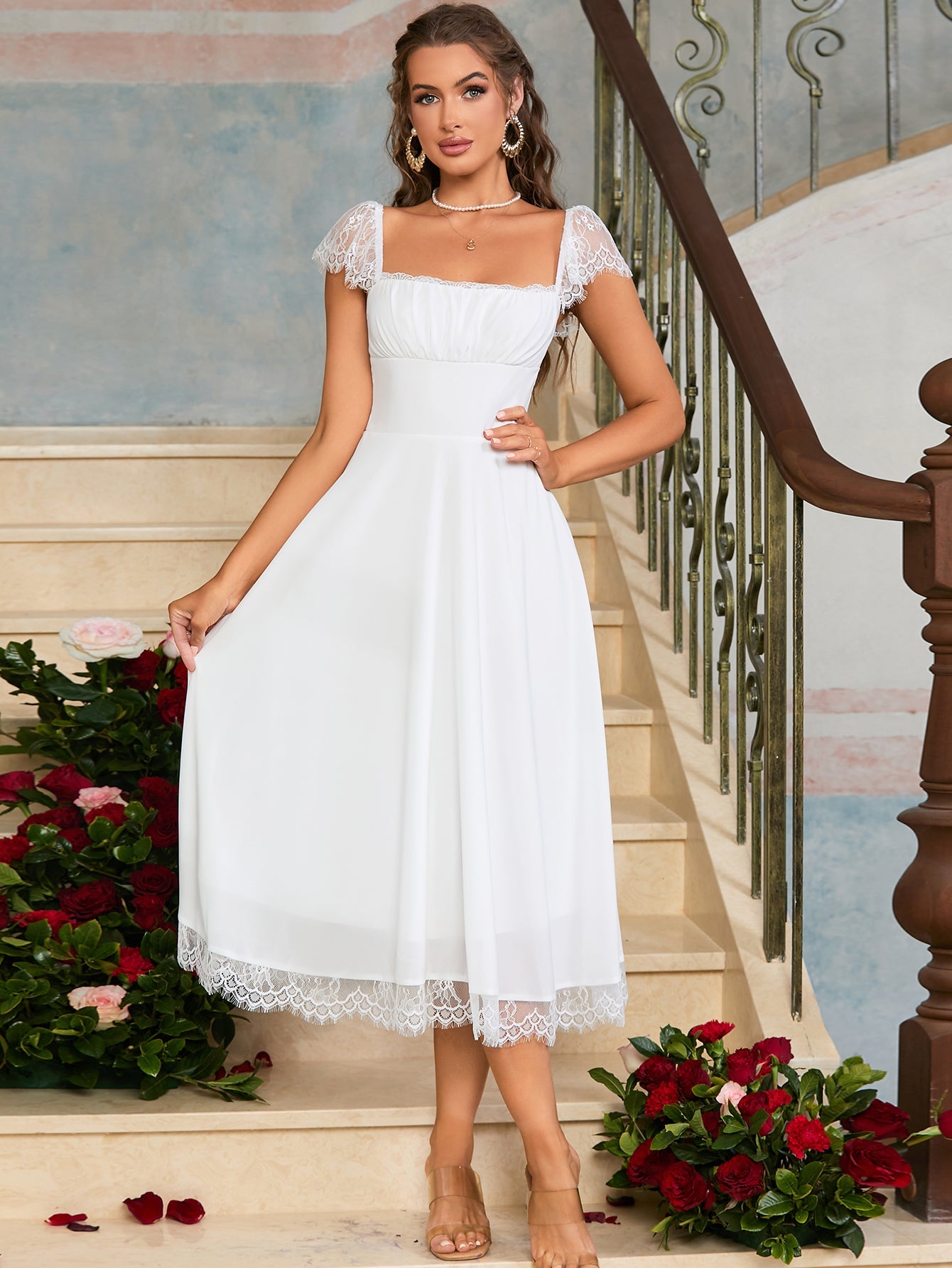 Contrast Lace Ruched Bust Square Neck Dress