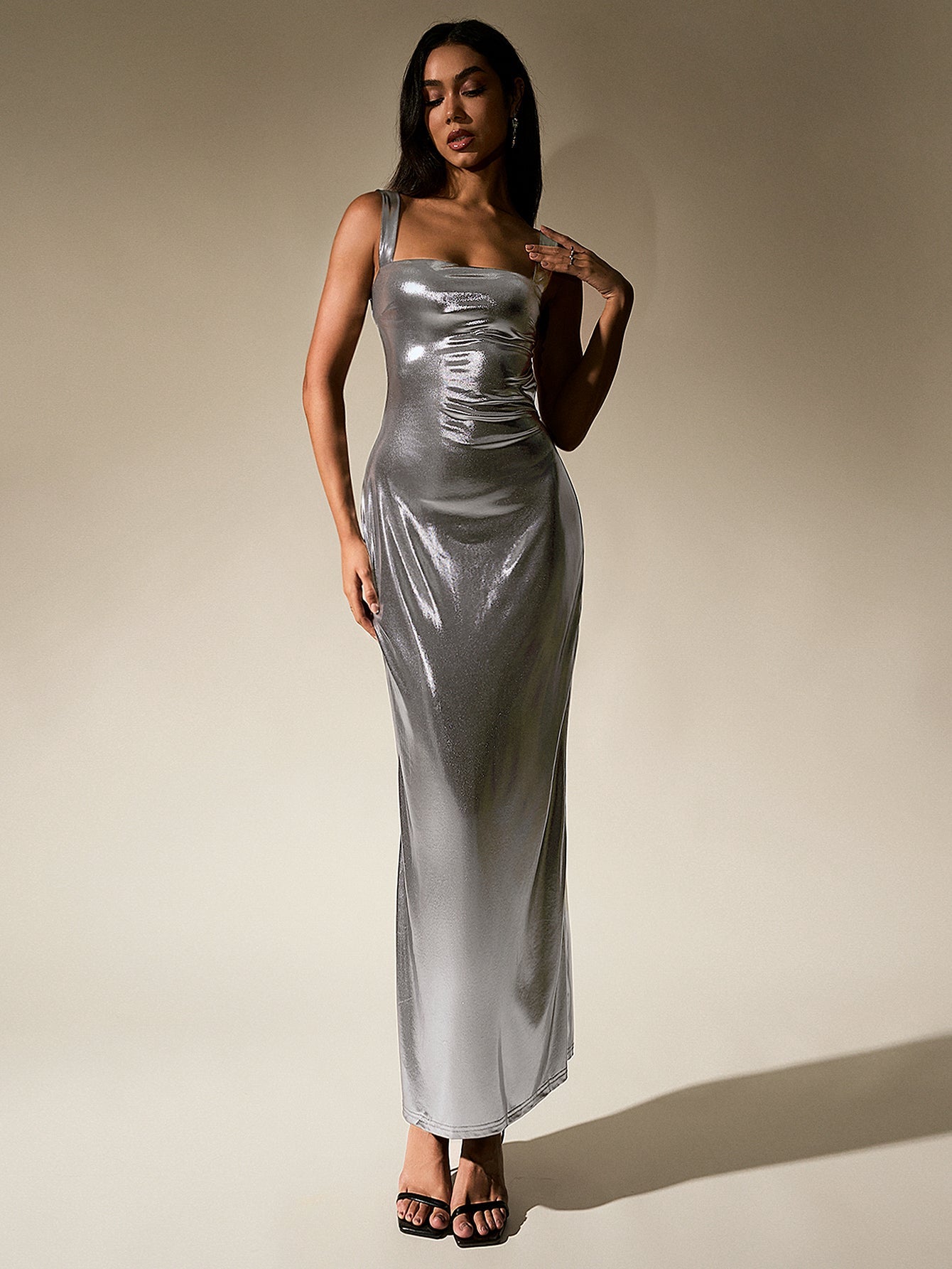Cut Out Misty Gold Metallic Bodycon Maxi Dress
