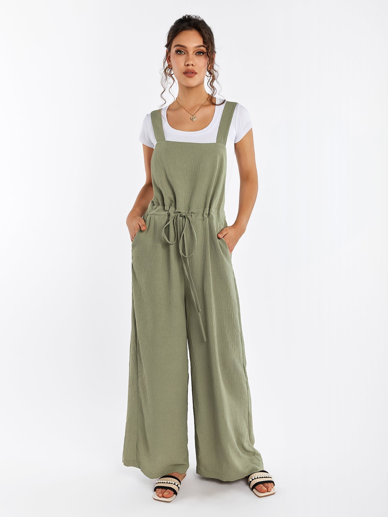 Drawstring Adjustable Button Back Pocket Jumpsuit