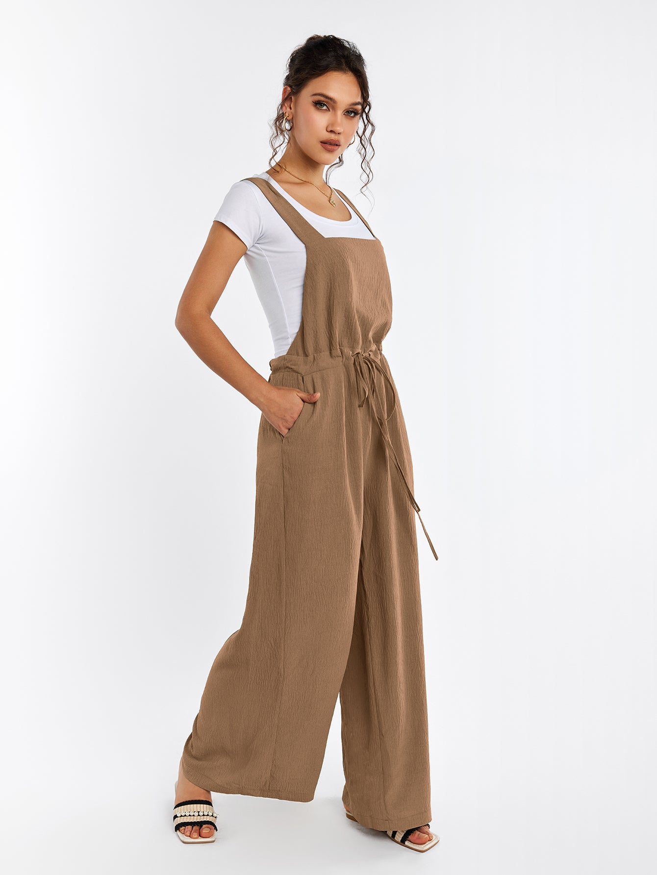 Drawstring Adjustable Button Back Pocket Jumpsuit
