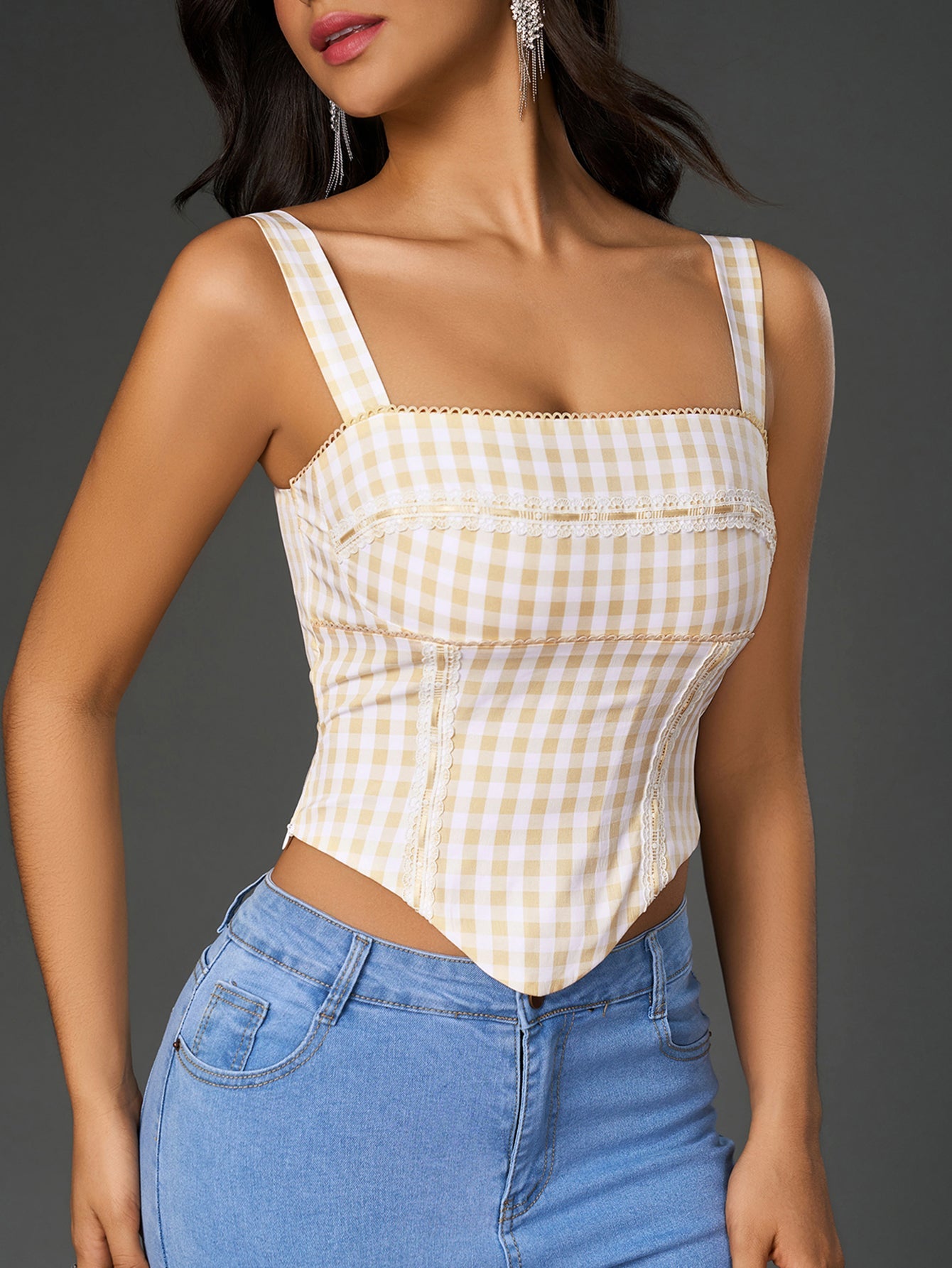 Embellished Lace Asymmetrical Hem Plaid Print Top