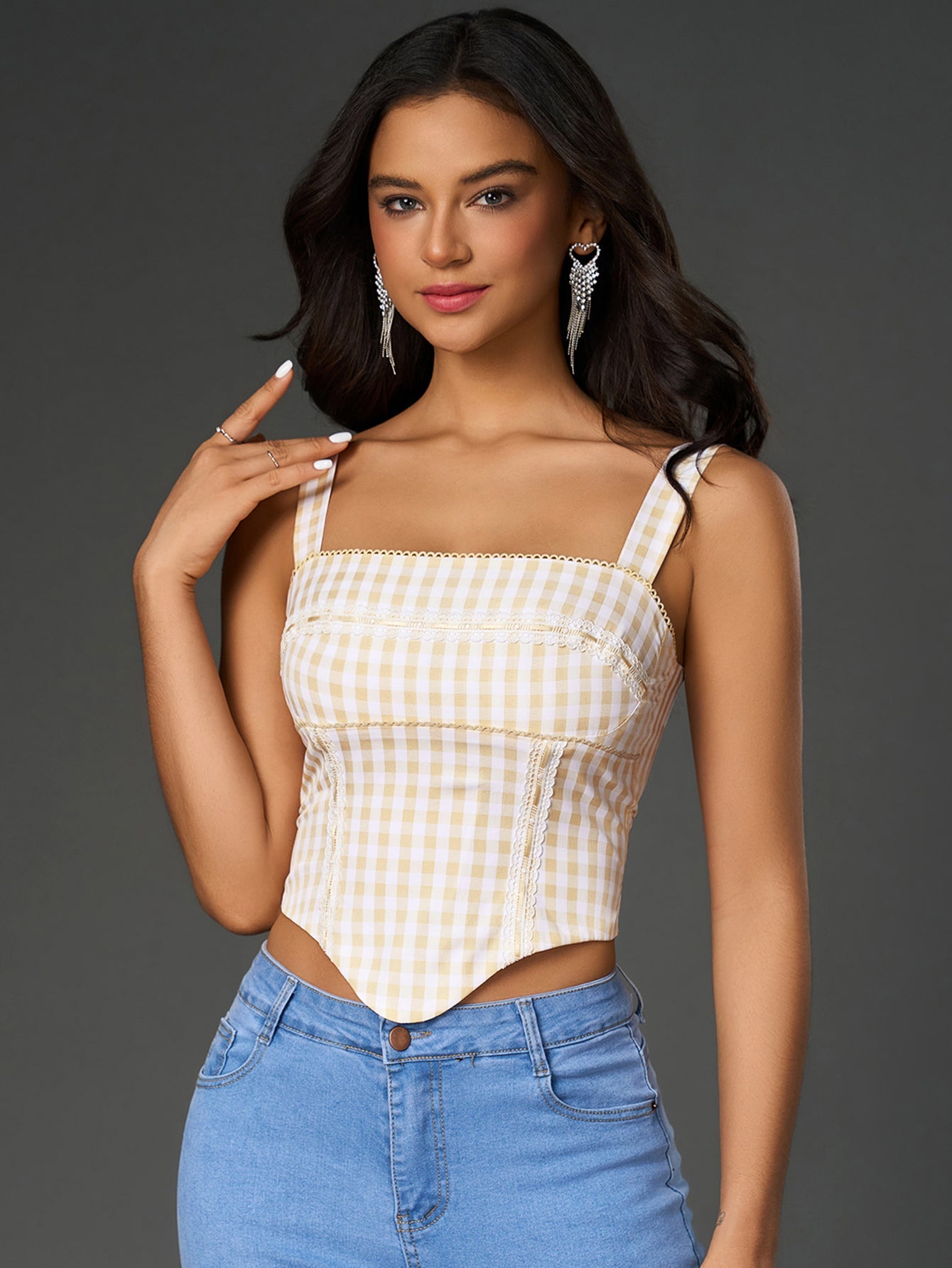 Embellished Lace Asymmetrical Hem Plaid Print Top