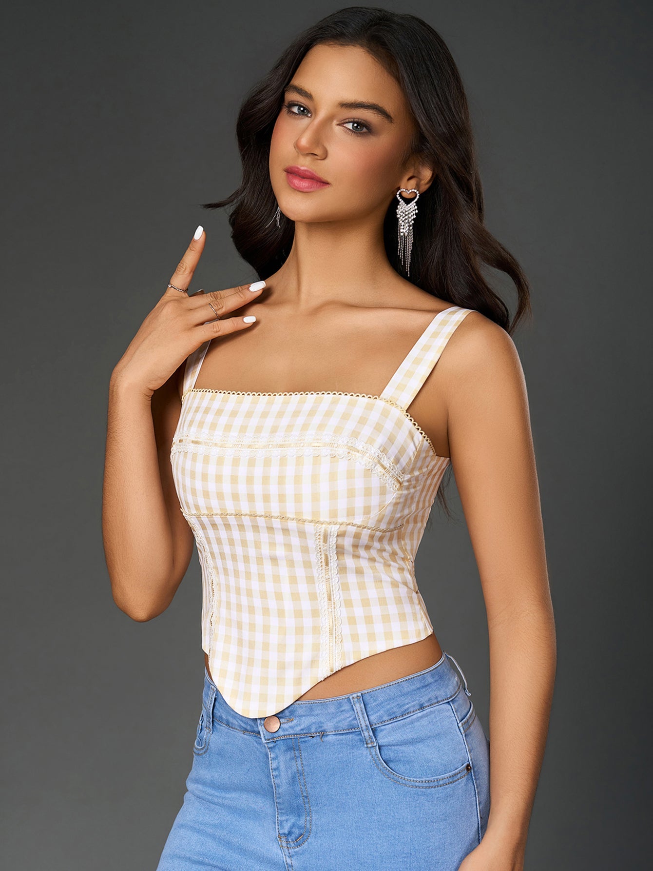 Embellished Lace Asymmetrical Hem Plaid Print Top