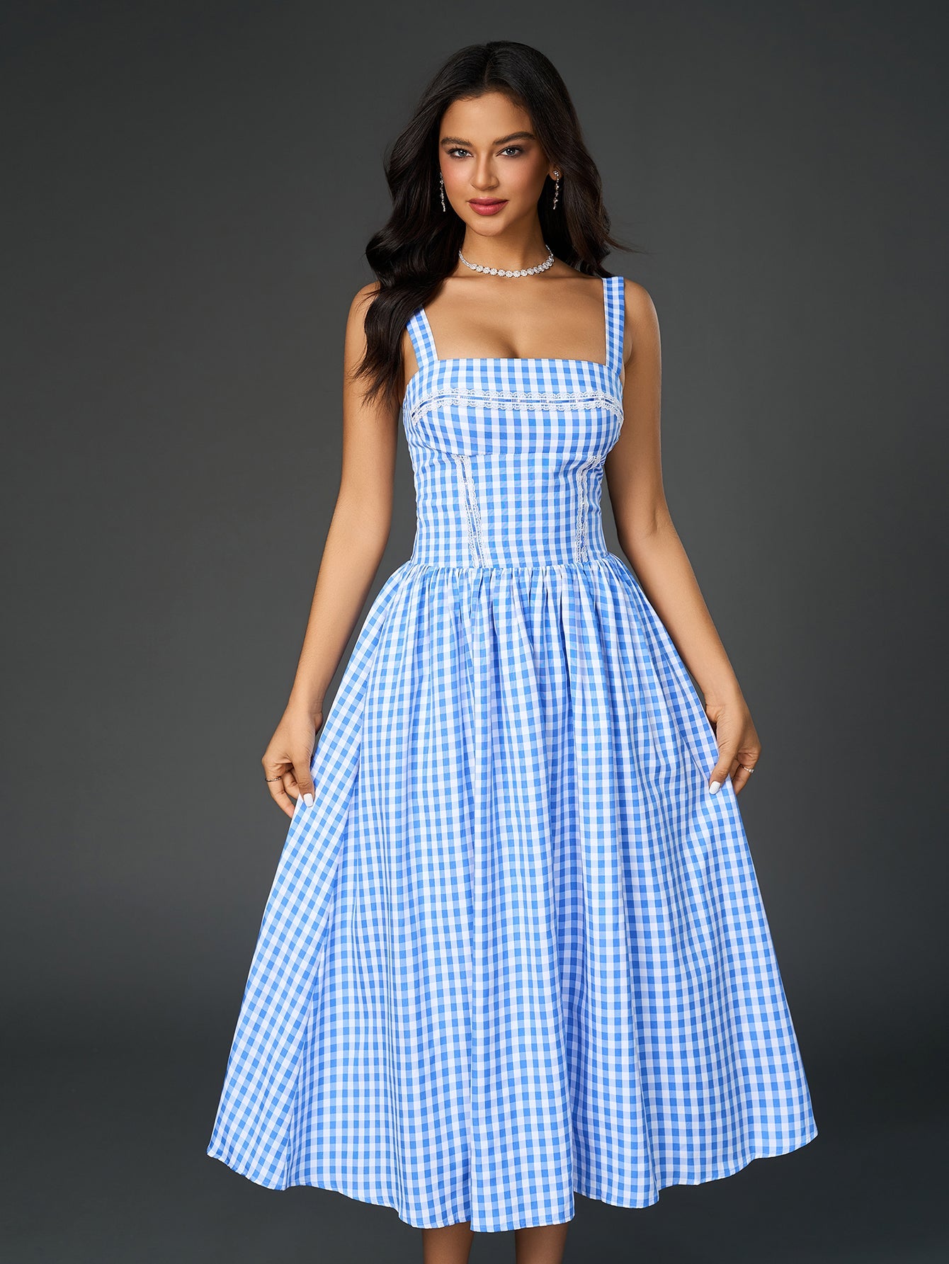 Embellished Lace Trim Pocket Plaid Print Midi Dress