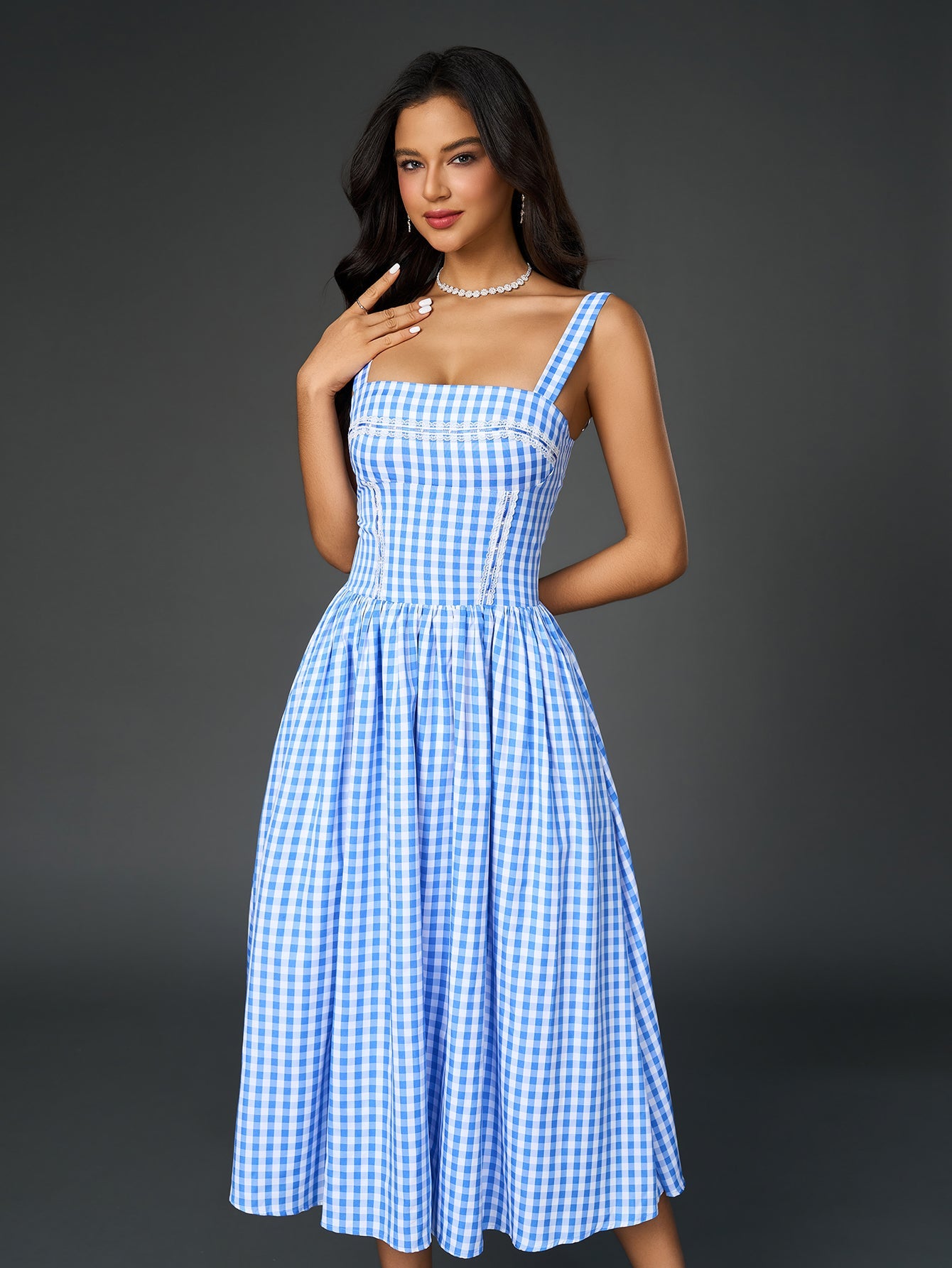 Embellished Lace Trim Pocket Plaid Print Midi Dress