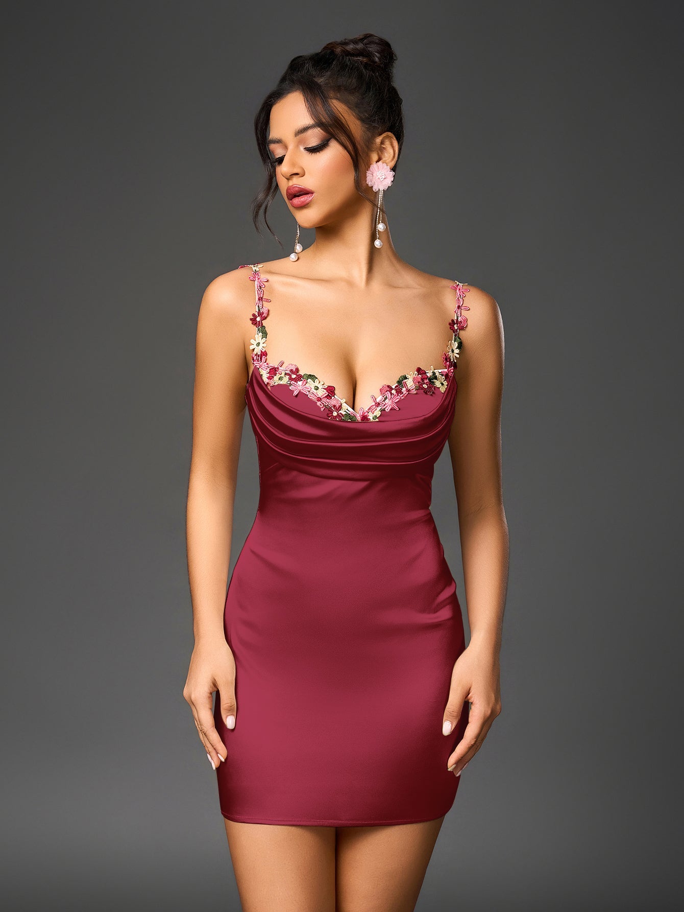 Embellished Strap Tie Back Satin Mini Dress