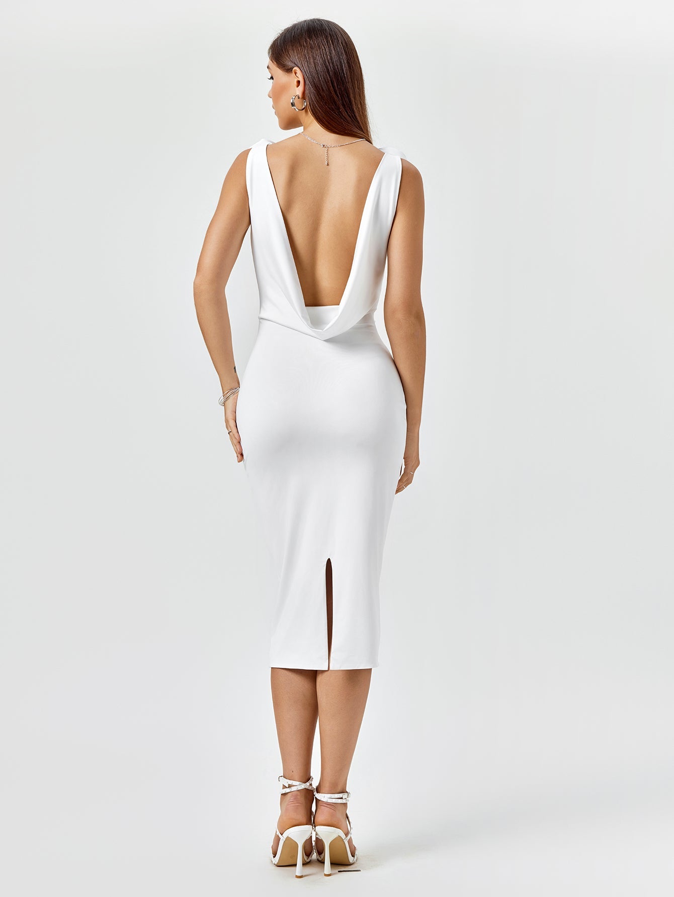 Embellished V-Neck Draped Back Midi Dress