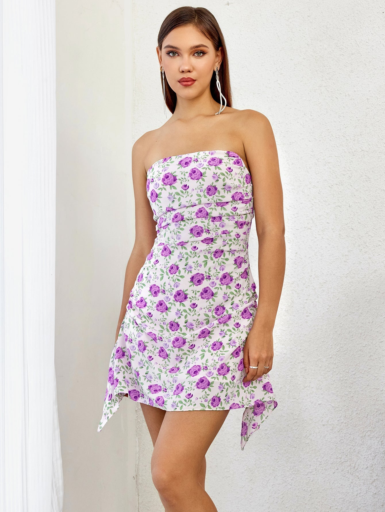 Floral Print Ruched Side Tube Dress