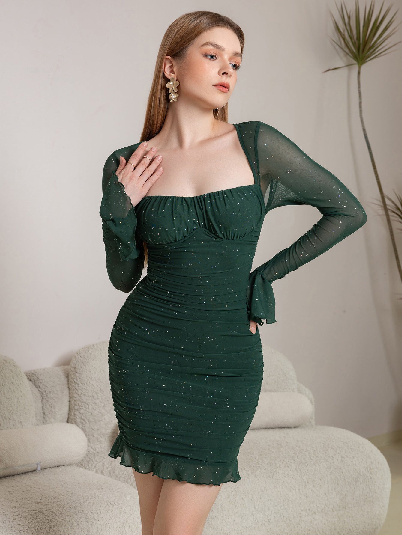 Flounce Sleeve Mesh Sparkly Mini Dress