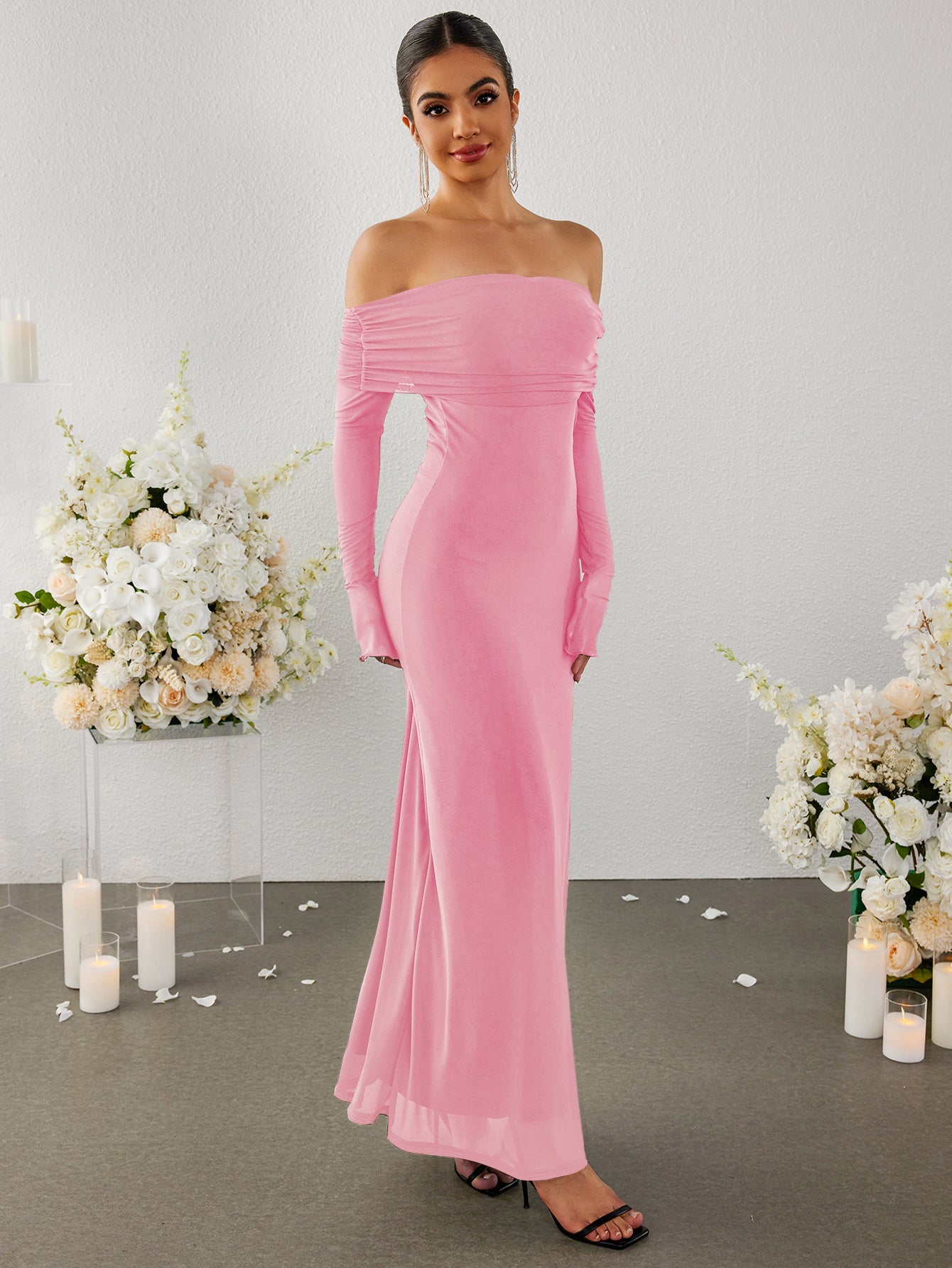 Flounce Sleeve Off Shoulder Mesh Bodycon Dress