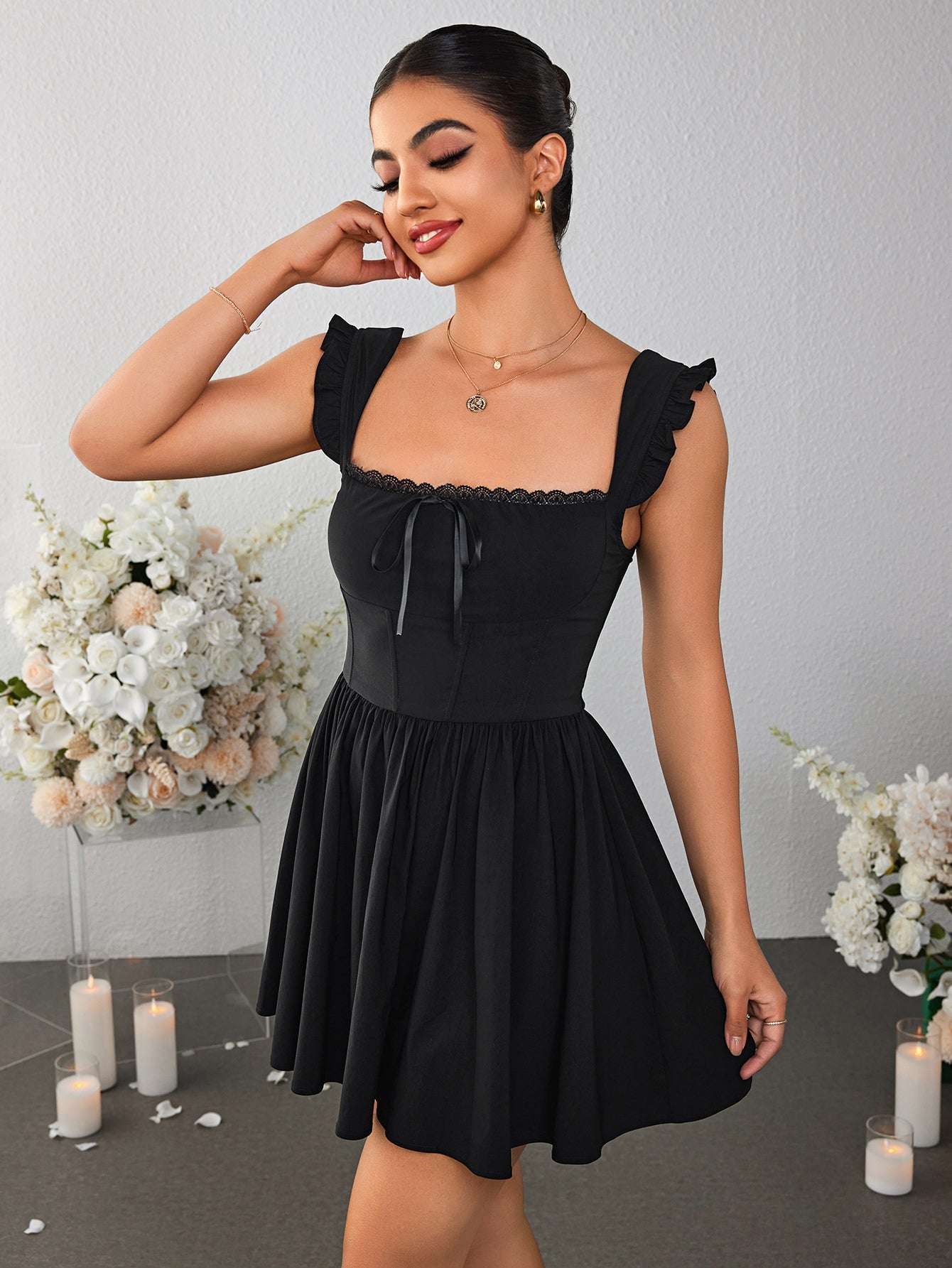 Fly Sleeve Lace Trim Tie Front Mini Dress