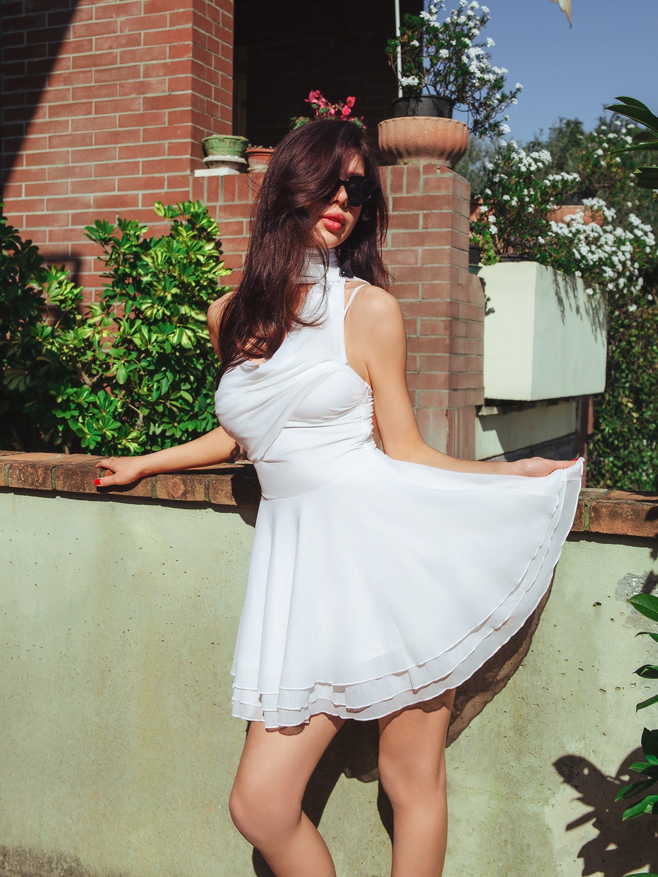 Halter Neck Ruched Bust Pleated Hem Mesh Dress