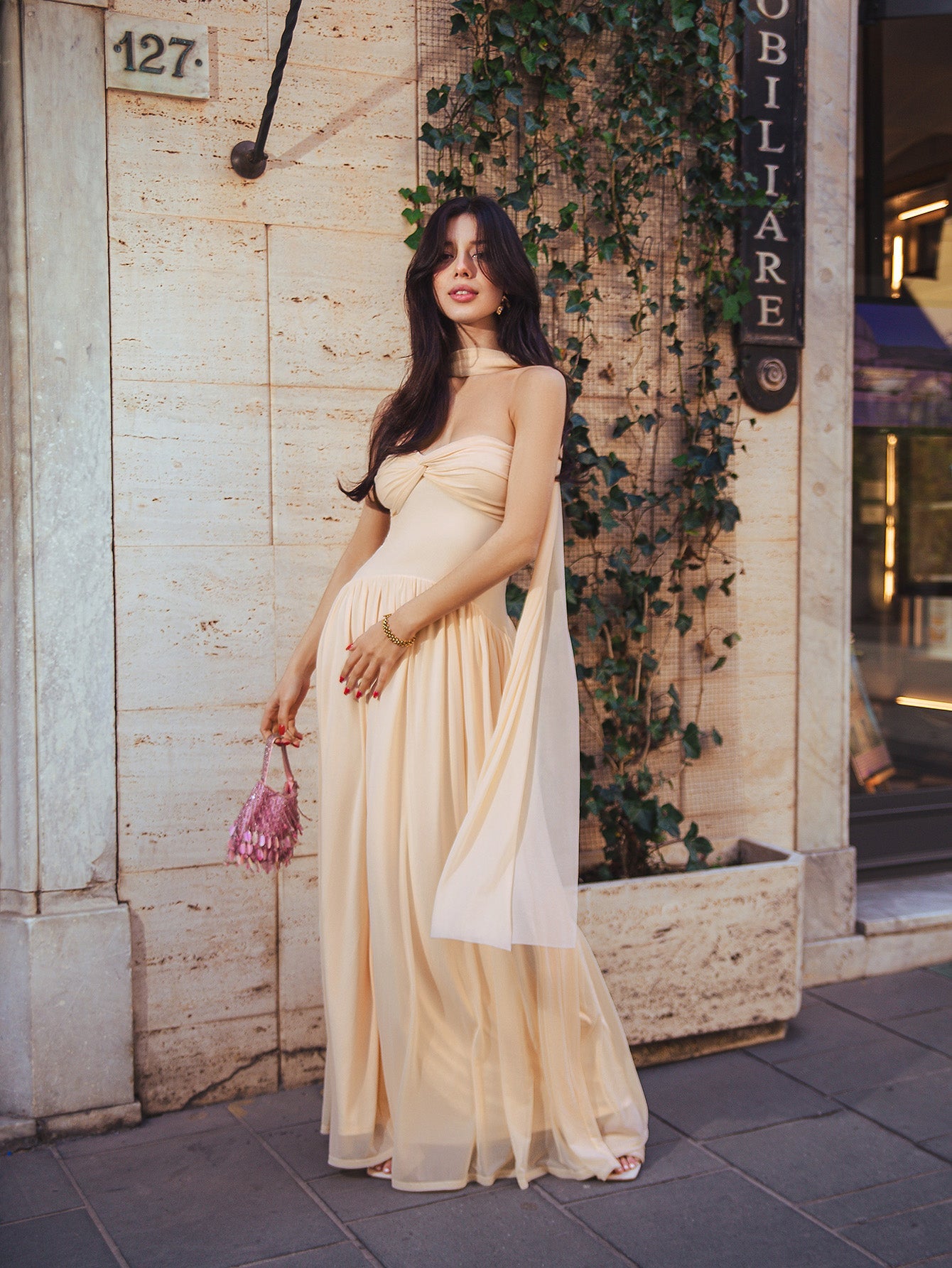 Hanging Neck Ribbon Ruched Bust Mesh Tube Long Dress