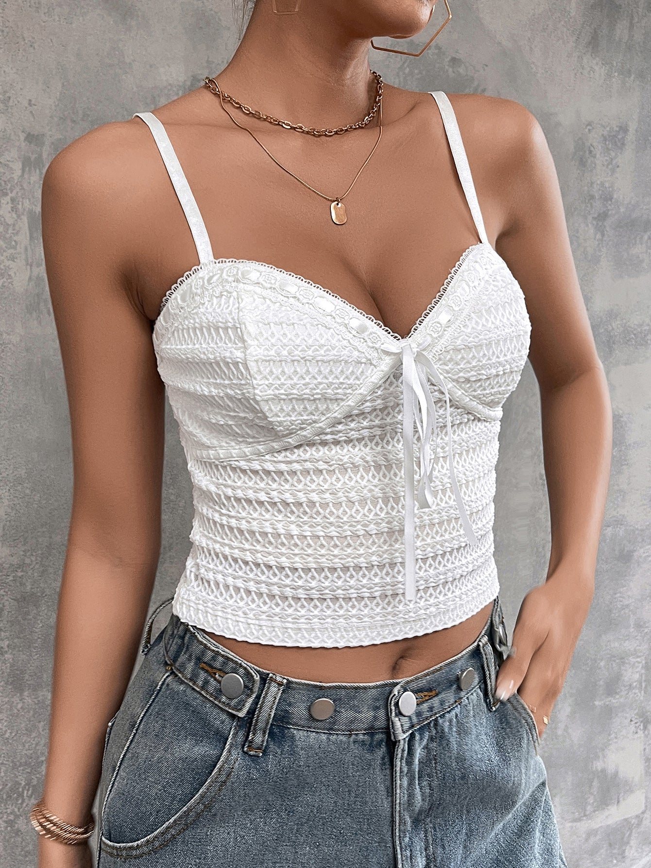 Jacquard Lace Trim Knitted Crop Top