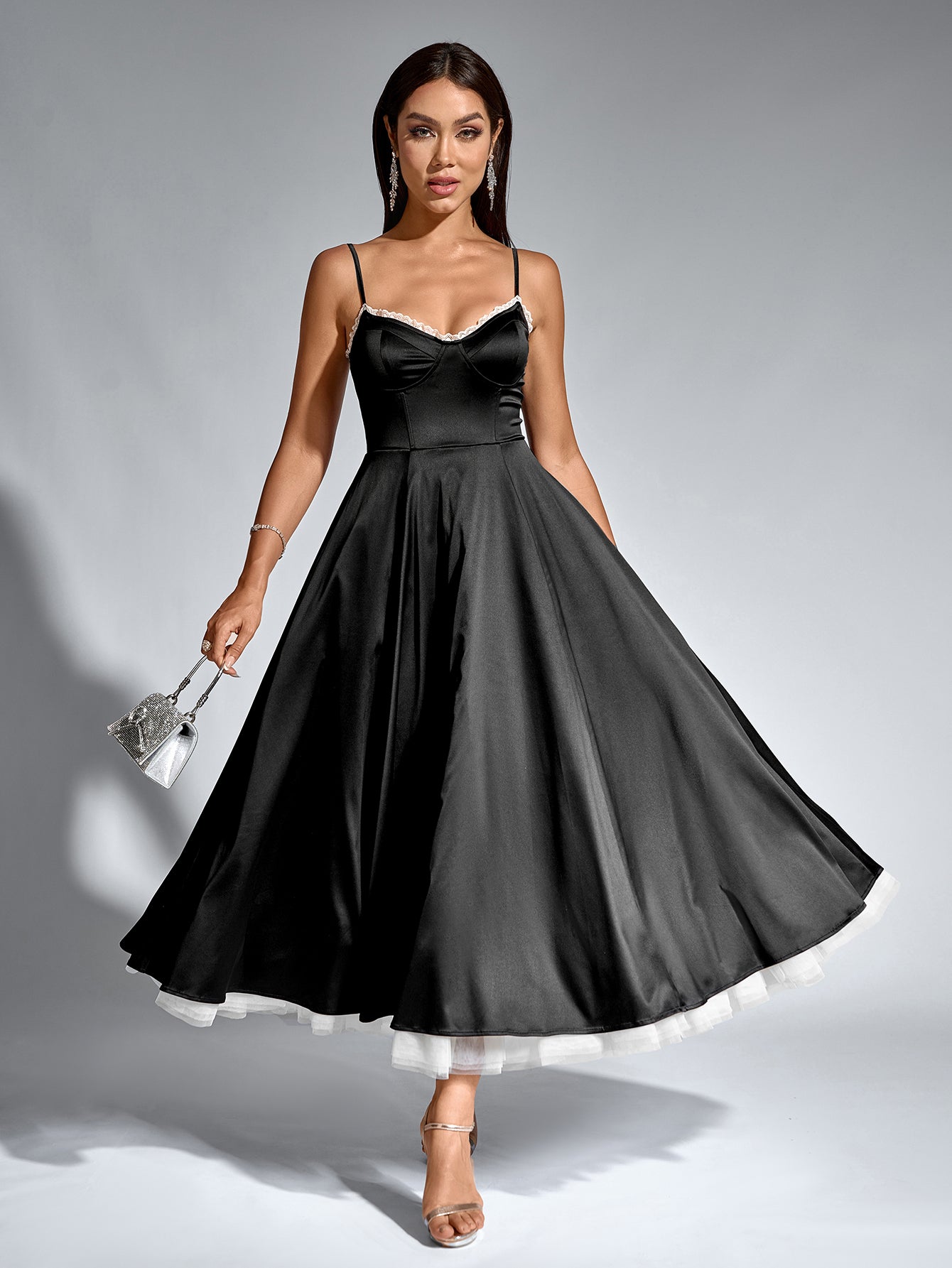 Lace Trim Corset Flared Hem Maxi Dress