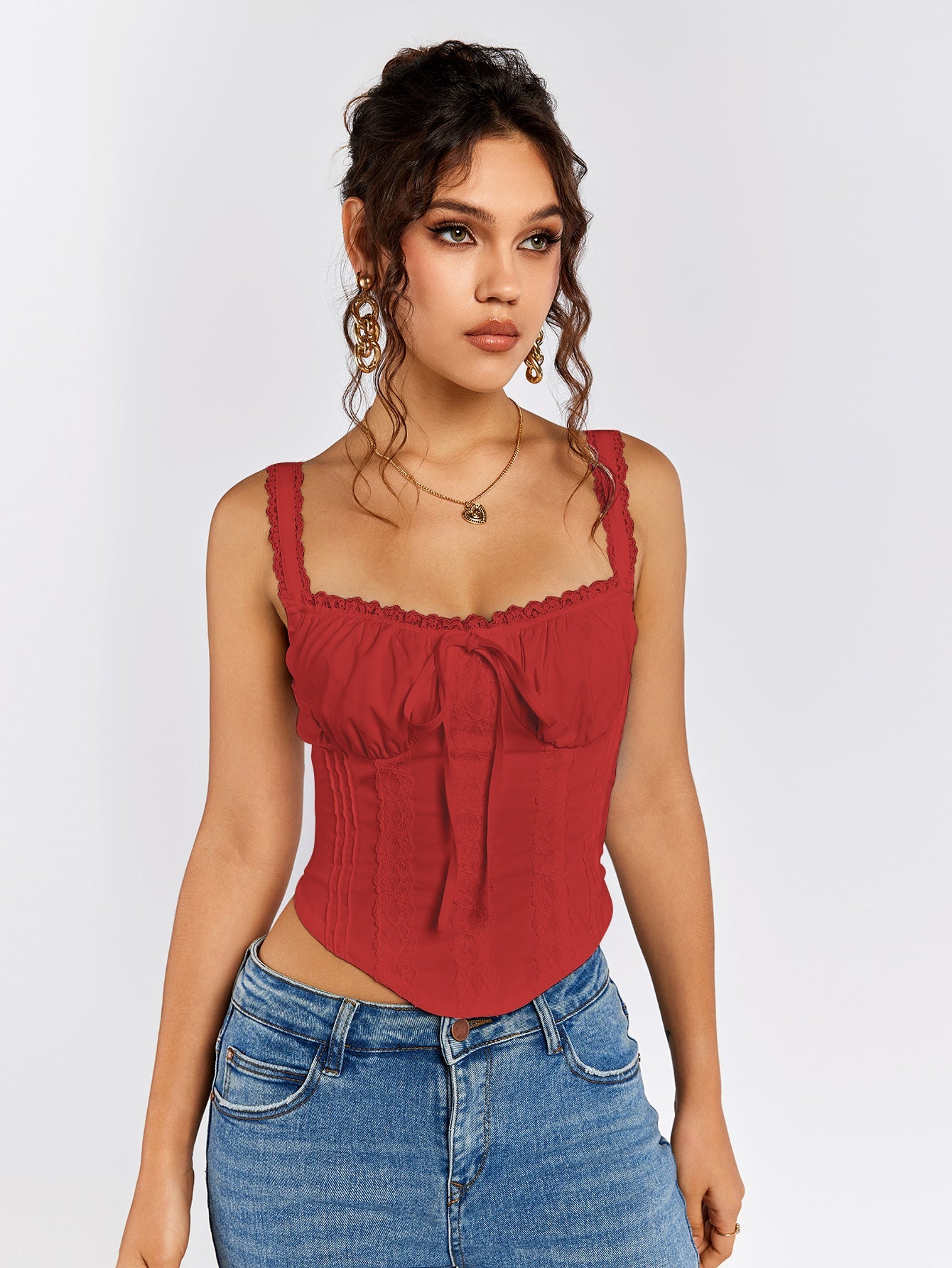 Lace Trim Ruched Bust Tie Front Tank Top