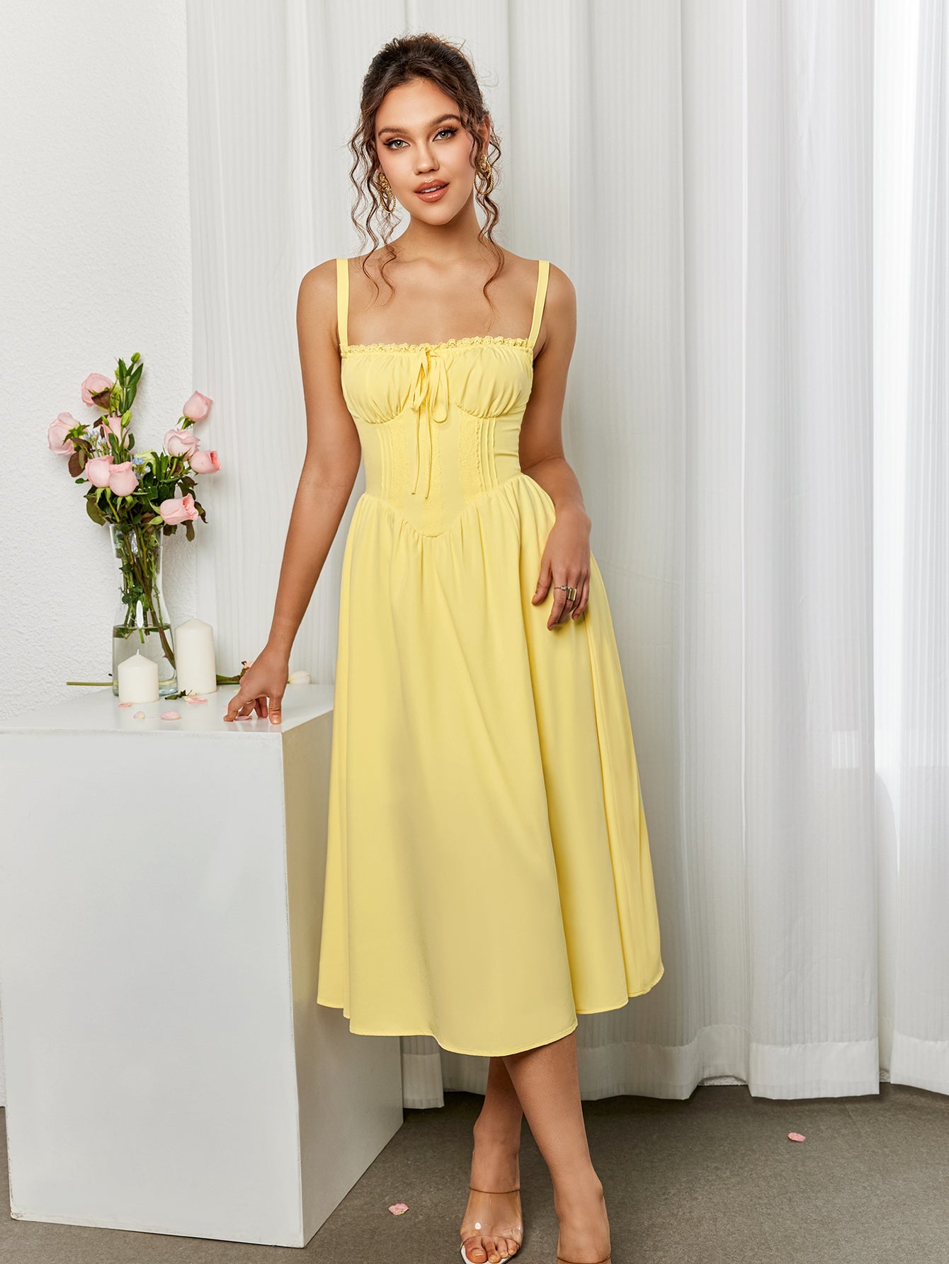 Lace Trim Tie Front Split Thigh Cami Dress