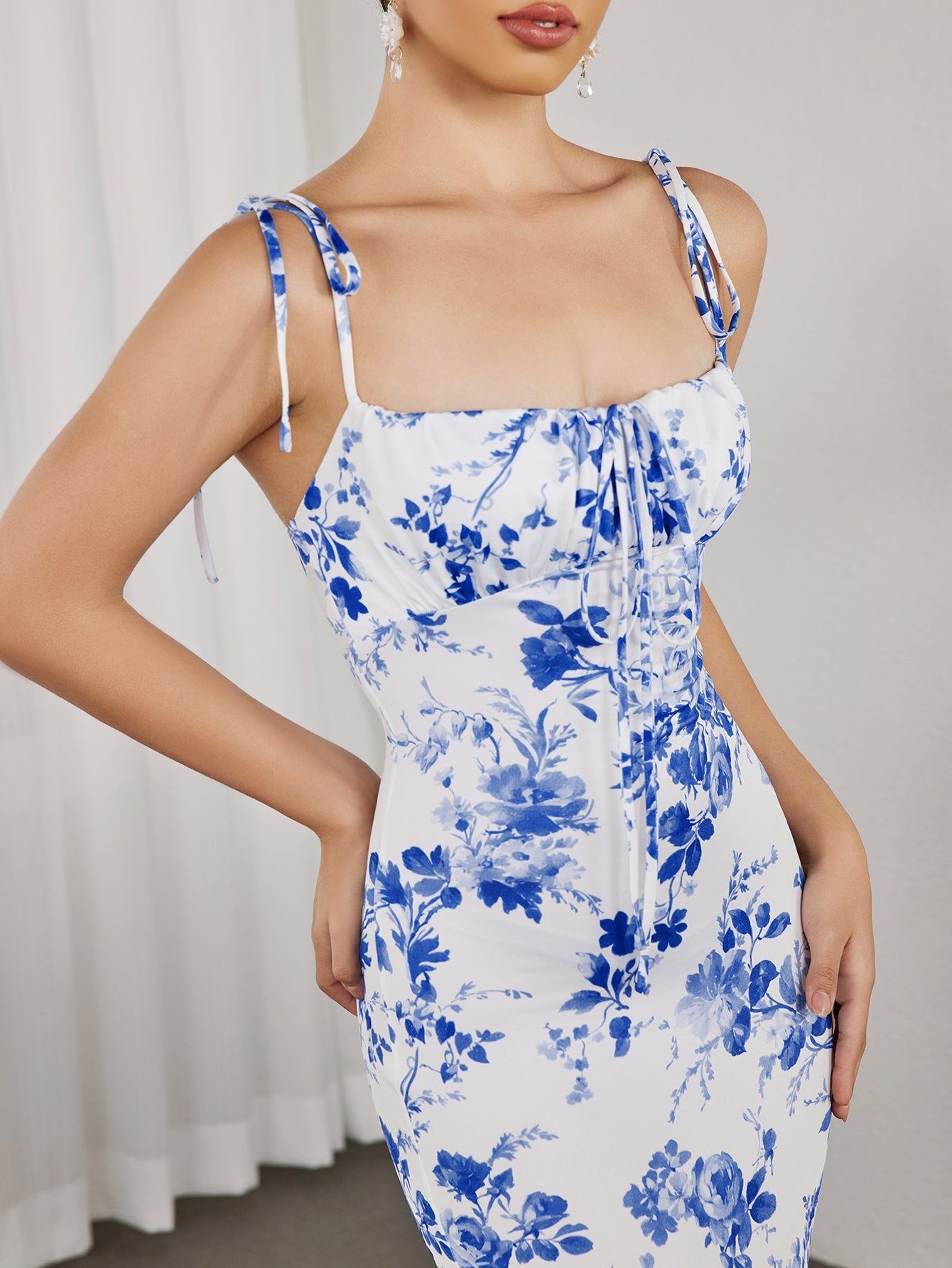 Lace-Up Straps Tie Front Floral Bodycon Dress(Petite Version)