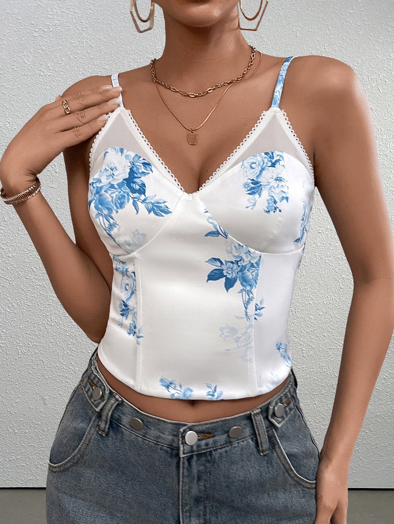 Mesh Patchwork Floral Print Boning Cami Top