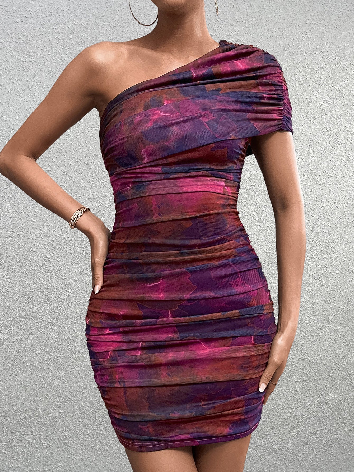 One Shoulder Ruched Print Mini Dress