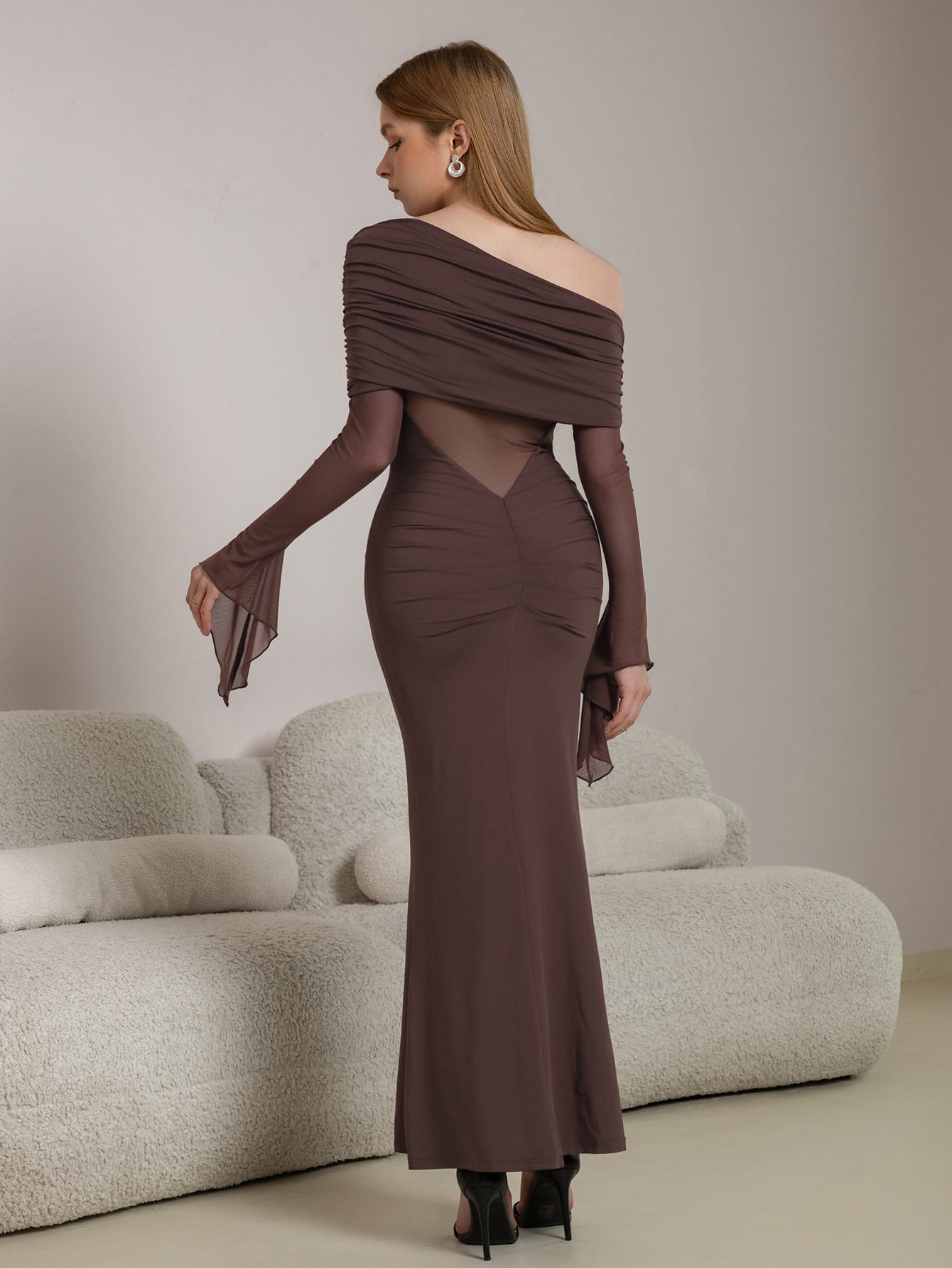 One Shoulder Spliced Ruched Trim Mermaid Mesh Dress
