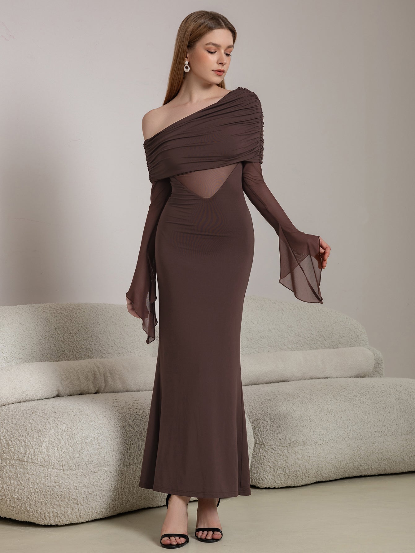 One Shoulder Spliced Ruched Trim Mermaid Mesh Dress