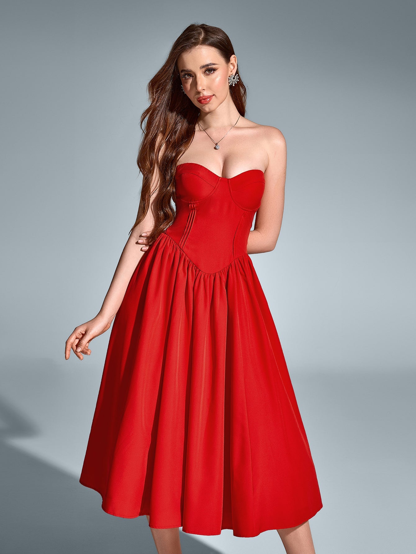 Pleat Corset Flared Hem Midi Dress