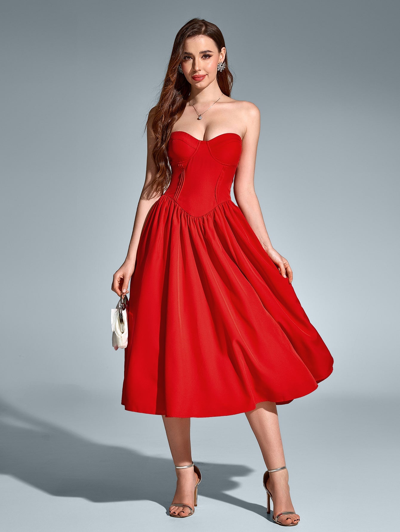 Pleat Corset Flared Hem Midi Dress