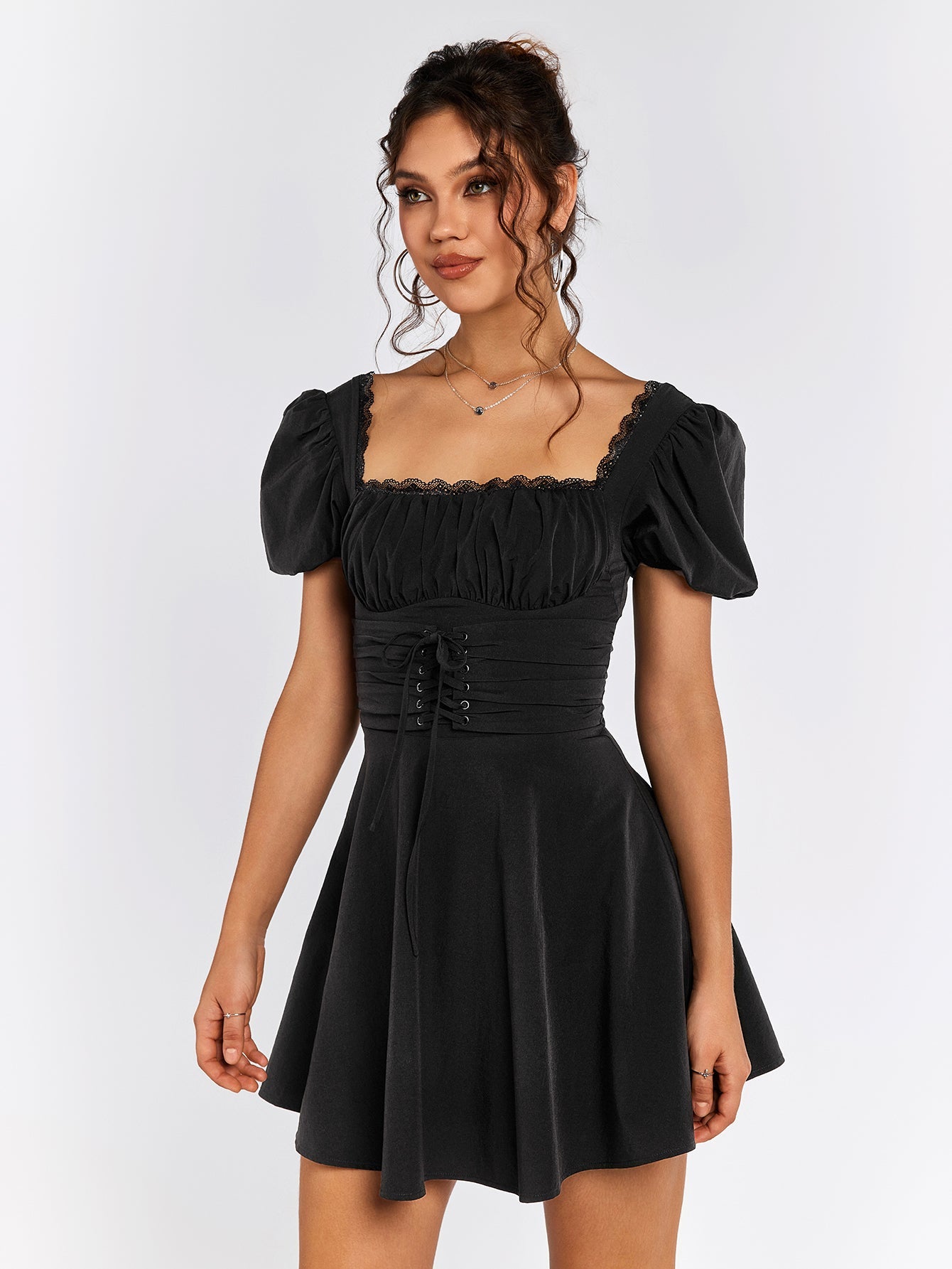Puff Sleeve Lace Trim Backless Mini Dress