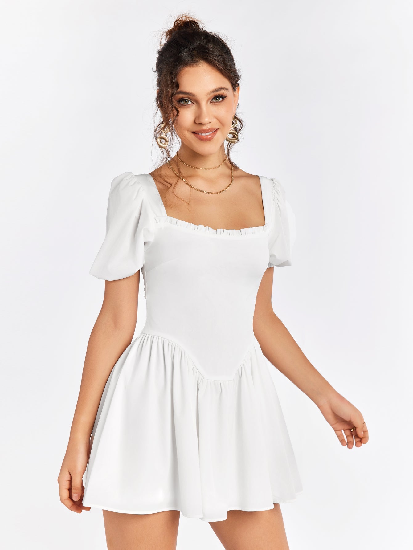 Puff Sleeve Zipper Back Mini Dress