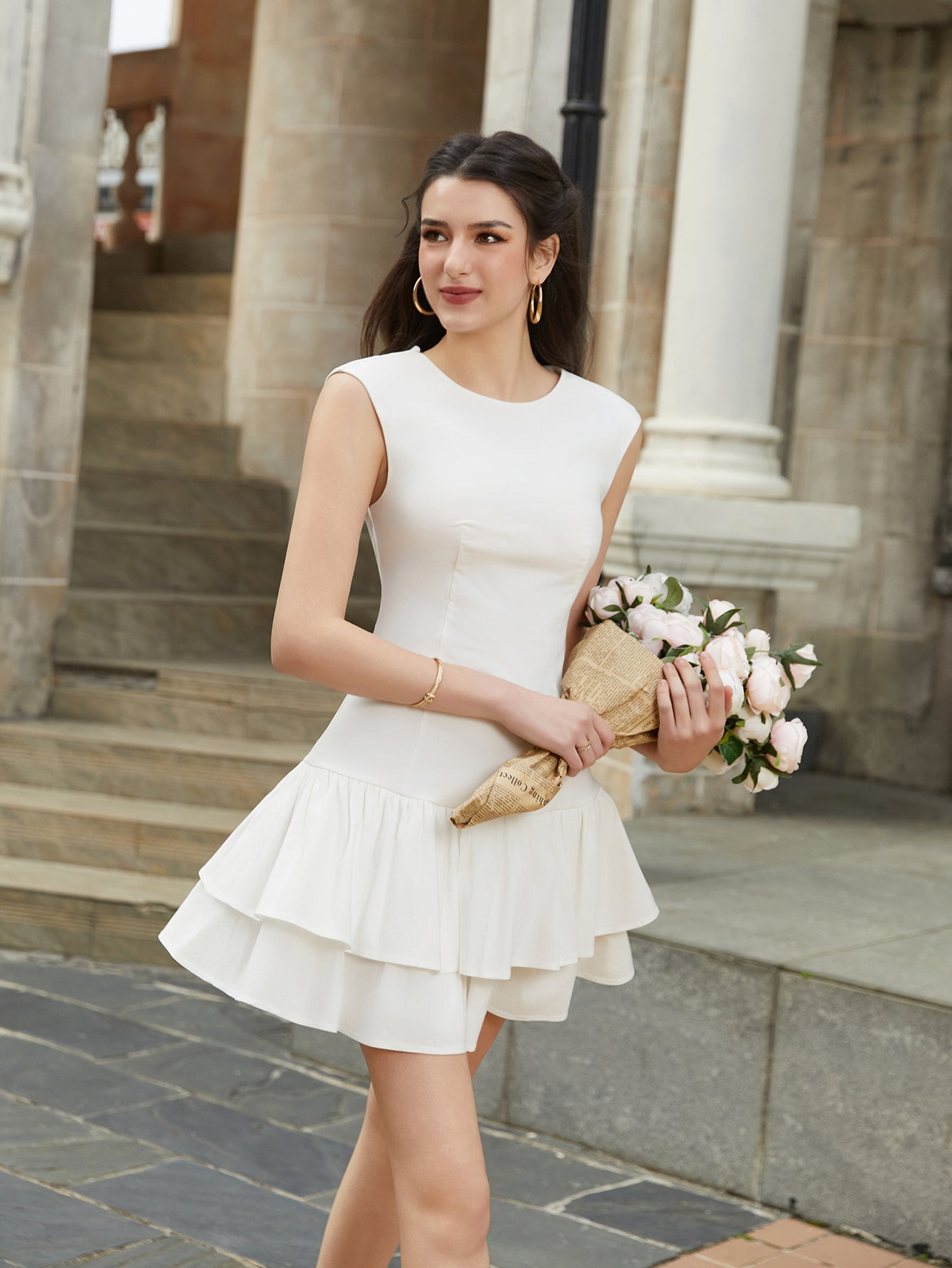 Sleeveless Pleated Hem Ruched Solid Dress