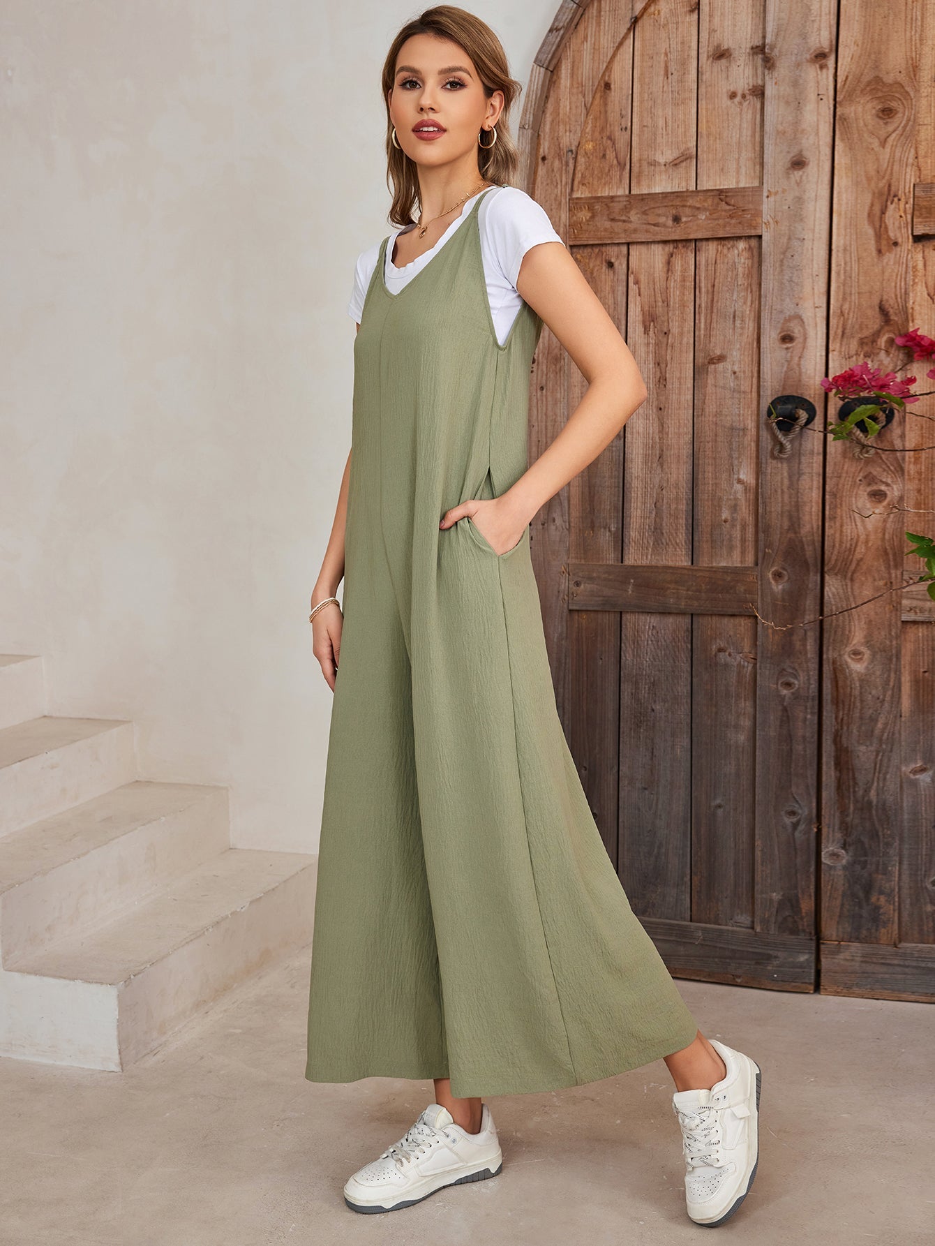 Tie Back Pocket Wide Legs Jumpsuit