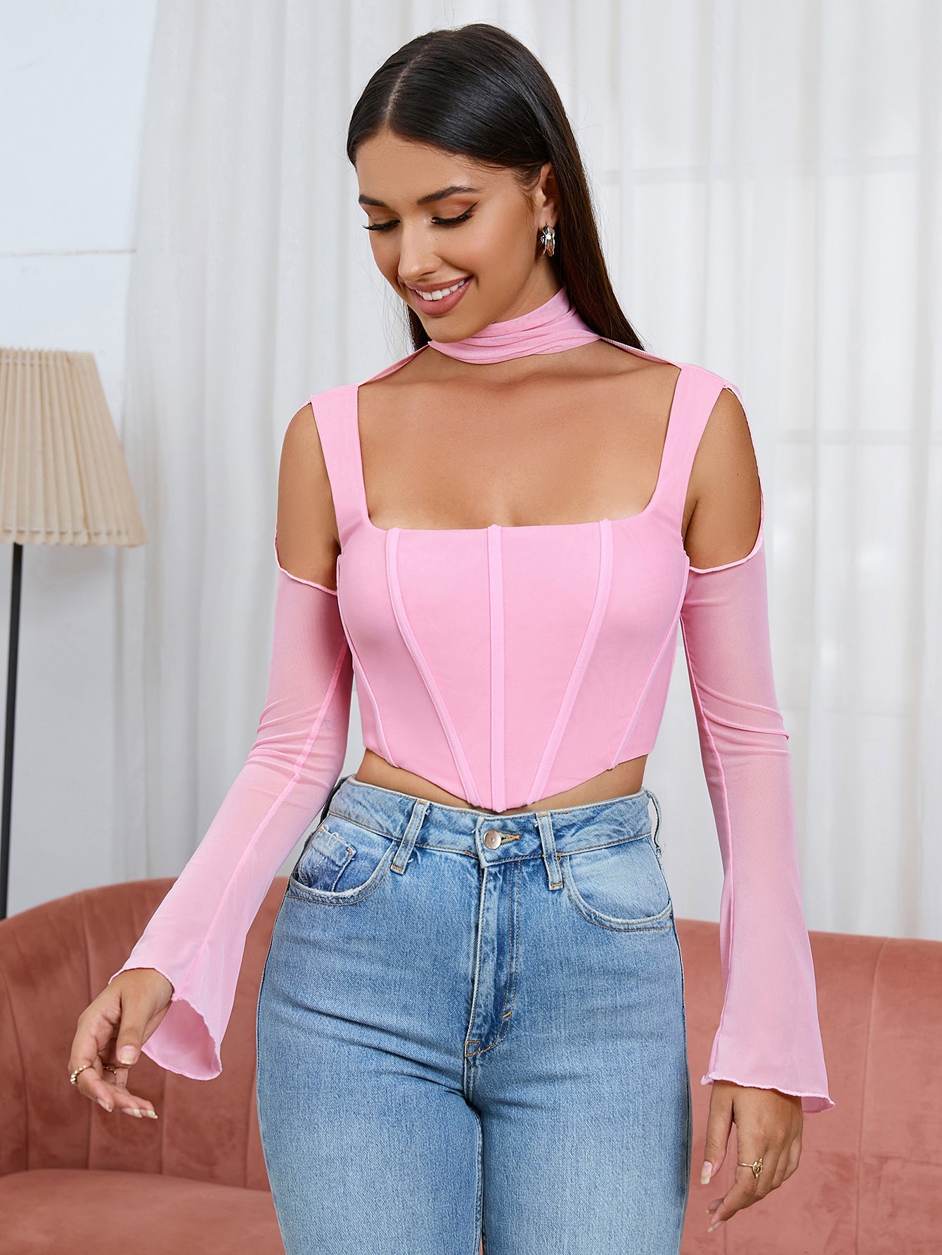 Boning Bell Sleeve Cut Out Mesh Corset Top