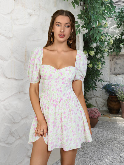 Floral Print Sweetheart Neck Puff Sleeve Dress