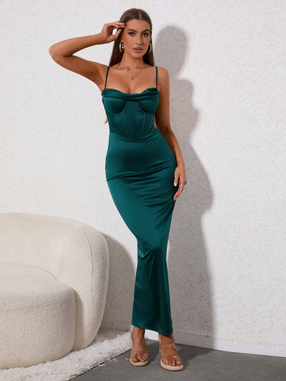 Boning Underwire Draped Collar Split Backless Satin Cami Dress