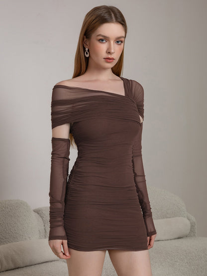 Asymmetrical Shoulder Ruched Mesh Bodycon Dress