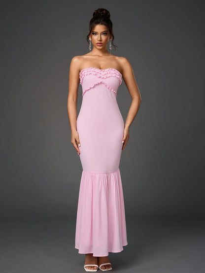 Backless Ruffle Trim Ruched Bodycon Tube Dress