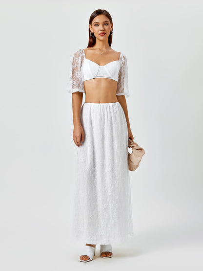 Backless Zipper Lace Crop Top&Lace A-Line Skirt