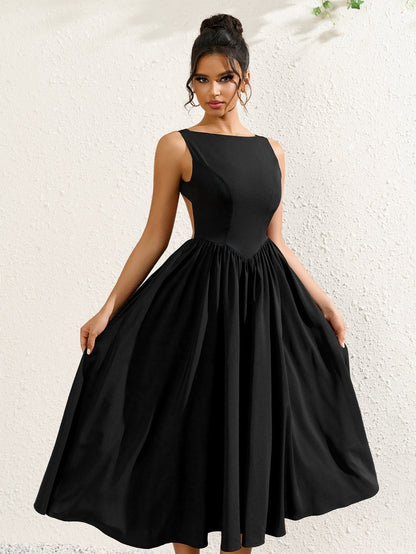 Crew Neck Backless Cut Out Ruched Solid Dress