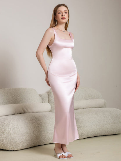 Crisscross Back Square Neck Satin Long Dress