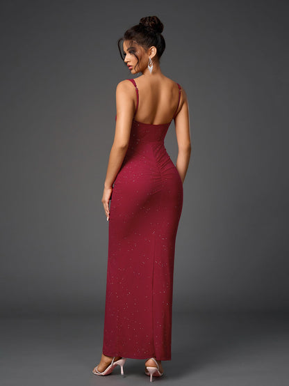 Cut Out Flounce Trim Ruched Glitter Mesh Dress