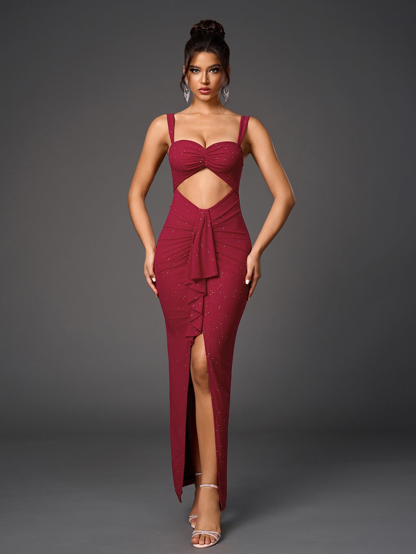 Cut Out Flounce Trim Ruched Glitter Mesh Dress