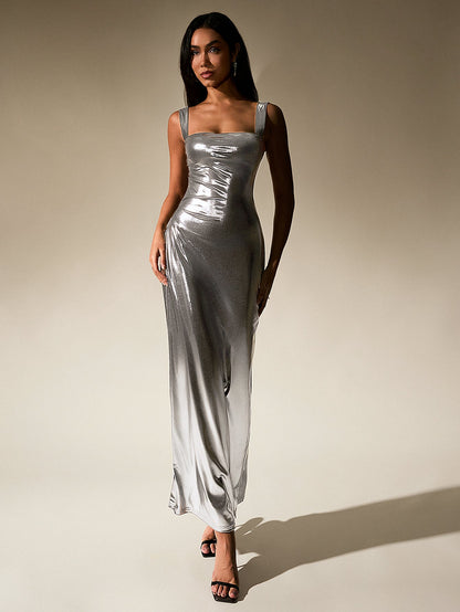 Cut Out Misty Gold Metallic Bodycon Maxi Dress