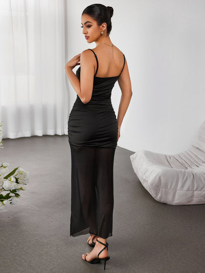 Cut Out Patchwork Mesh Cami Maxi Dress