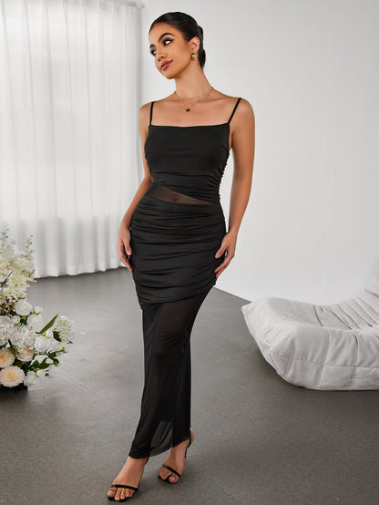 Cut Out Patchwork Mesh Cami Maxi Dress