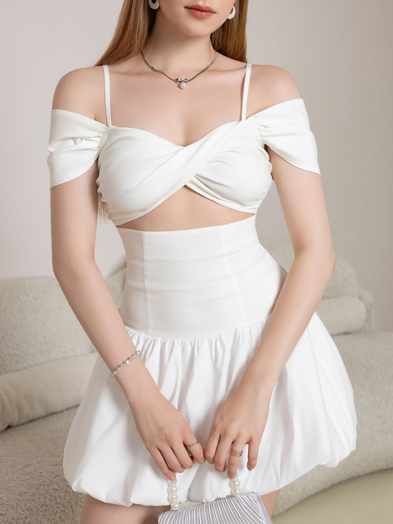 Cut Out Twist Front Cold Shoulder Ruched Cake Dress