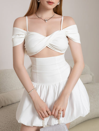 Cut Out Twist Front Cold Shoulder Ruched Cake Dress