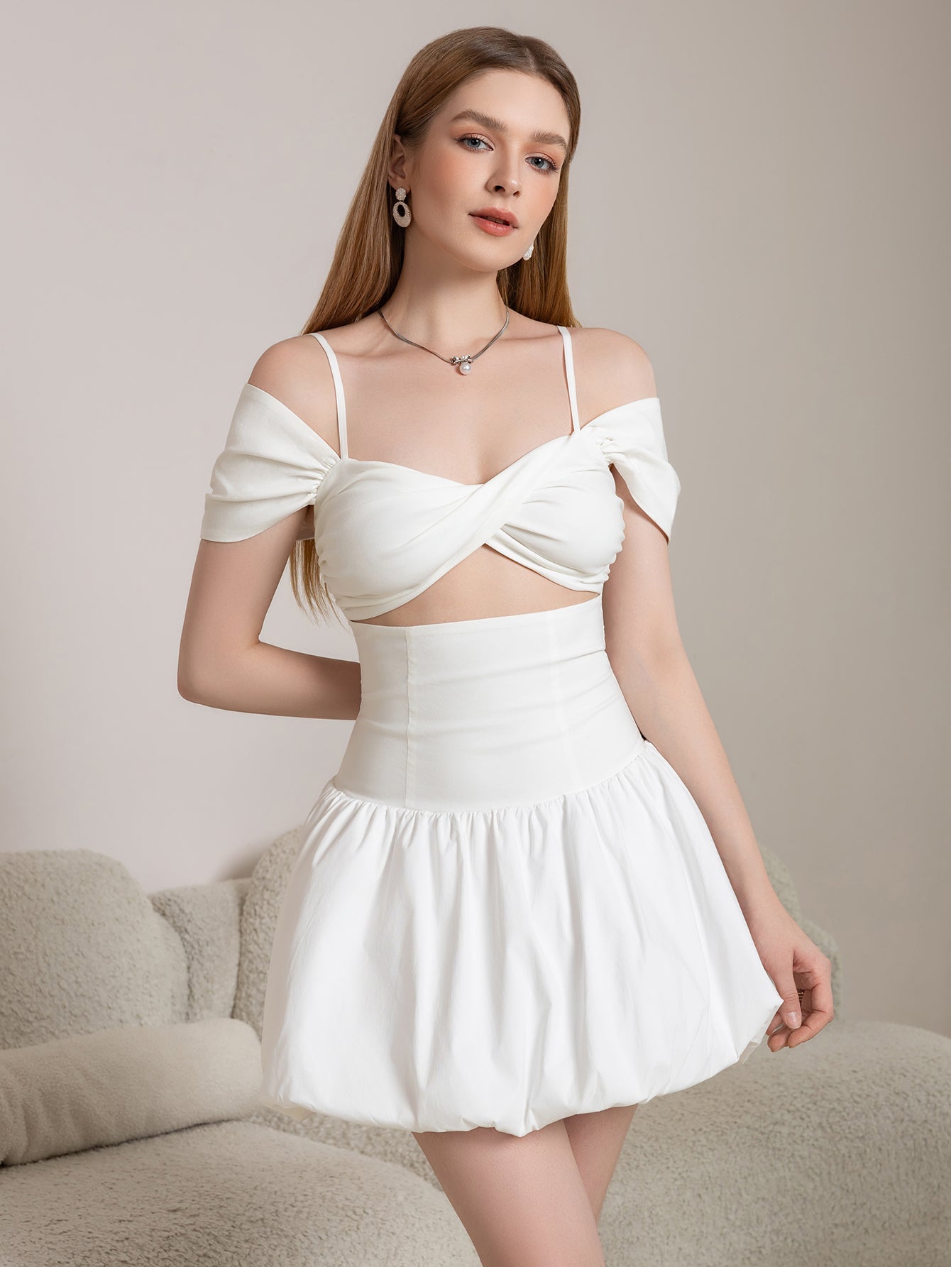 Cut Out Twist Front Cold Shoulder Ruched Cake Dress